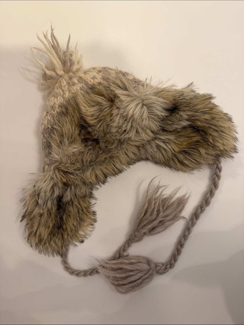 American Eagle Outfitters Faux Fur Earflap Pom Hat in Taupe and Cream